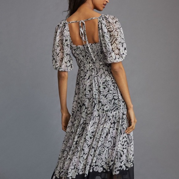 Anthropologie Dresses & Skirts - 👗🌟Anthropologie Square Neck Smocked Midi Dress Boho Floral Black White XS 0 2